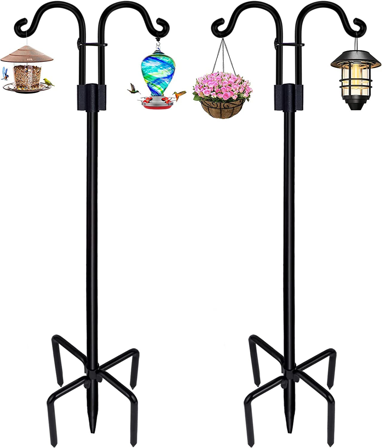 Double Shepherds Hooks for Outdoor, 2 Pack 60 Inch Bird Feeder Pole with 5 Prongs Base