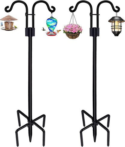 Double Shepherds Hooks for Outdoor, 2 Pack 60 Inch Bird Feeder Pole with 5 Prongs Base