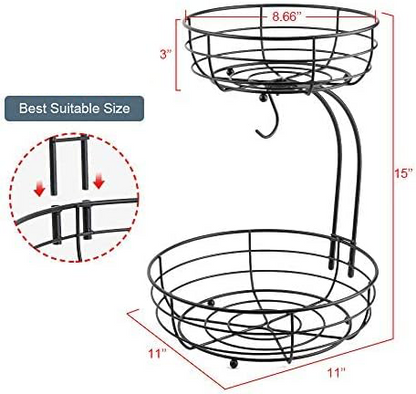 Iron 2-Tier Countertop Fruit Vegetables Basket Bowl Storage With Banana Hanger