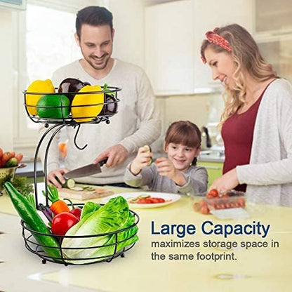 Iron 2-Tier Countertop Fruit Vegetables Basket Bowl Storage With Banana Hanger