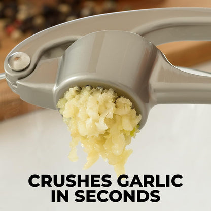 Garlic Press with Soft, Easy to Squeeze Handle - Includes Silicone Garlic Peeler & Cleaning Brush