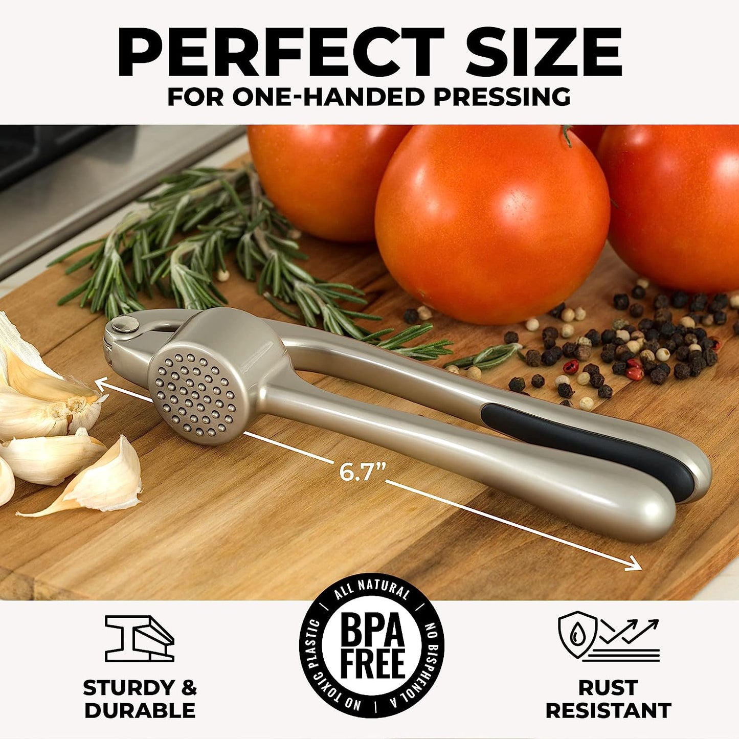 Garlic Press with Soft, Easy to Squeeze Handle - Includes Silicone Garlic Peeler & Cleaning Brush