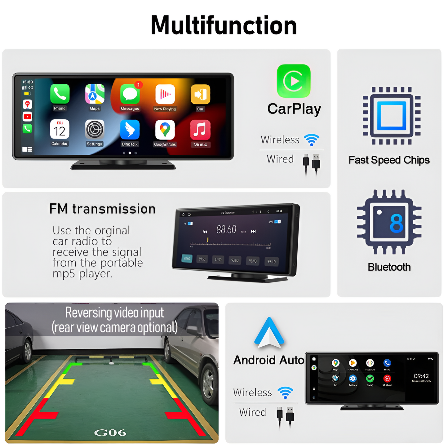 Portable Wireless Carplay Screen Stereo 10.3 inch HD